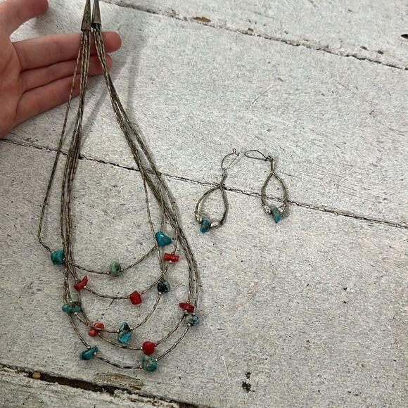 Vintage Sterling Layered Necklace With Turquoise Chunk Accents With Earrings - Picture 6 of 6